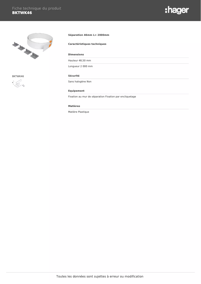 Page n°1 - Fiche technique Hager BKTWK46