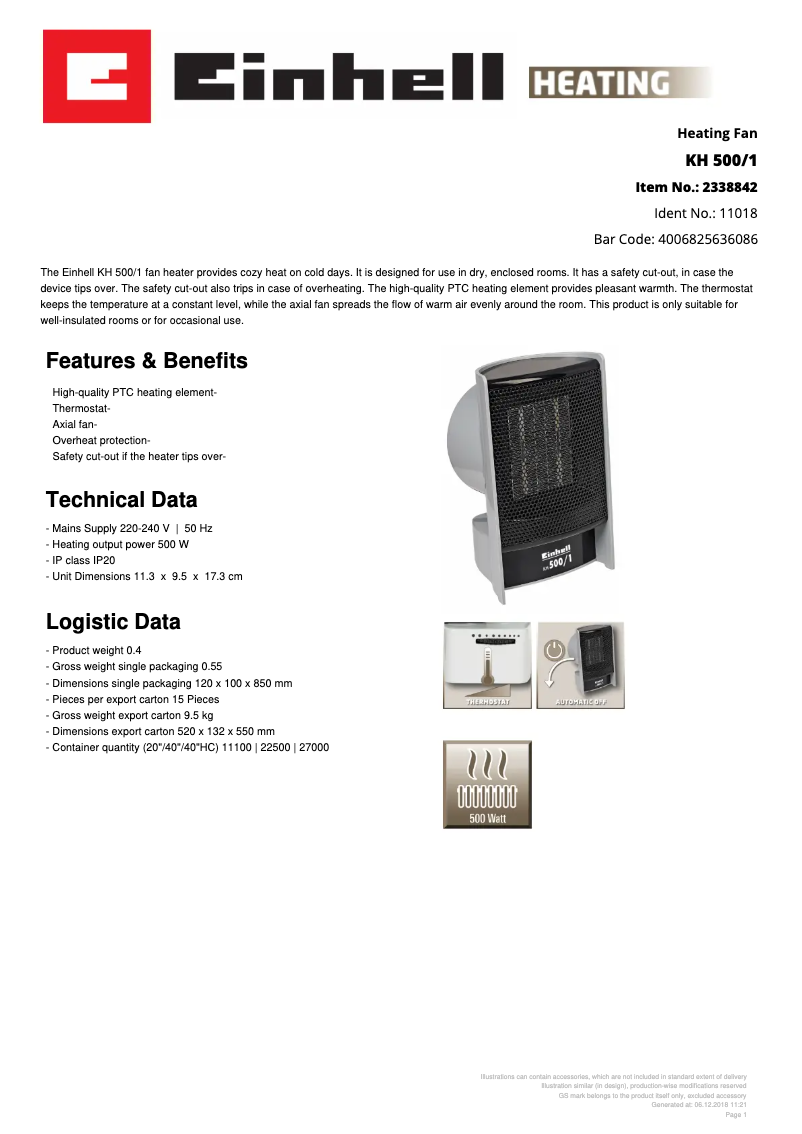 Page 1 de la notice Fiche technique Einhell KH 500/1