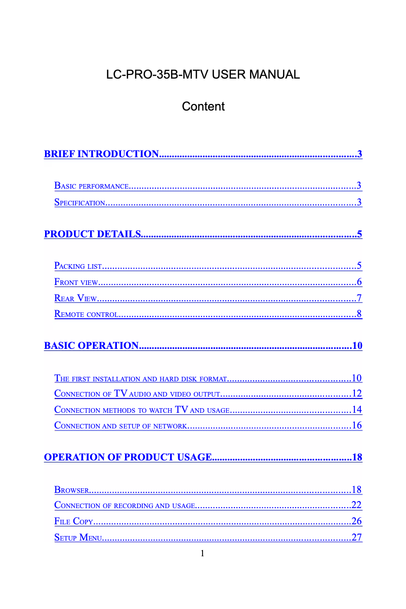 Image de la première page du manuel de l'appareil LC-PRO-35B-MTV