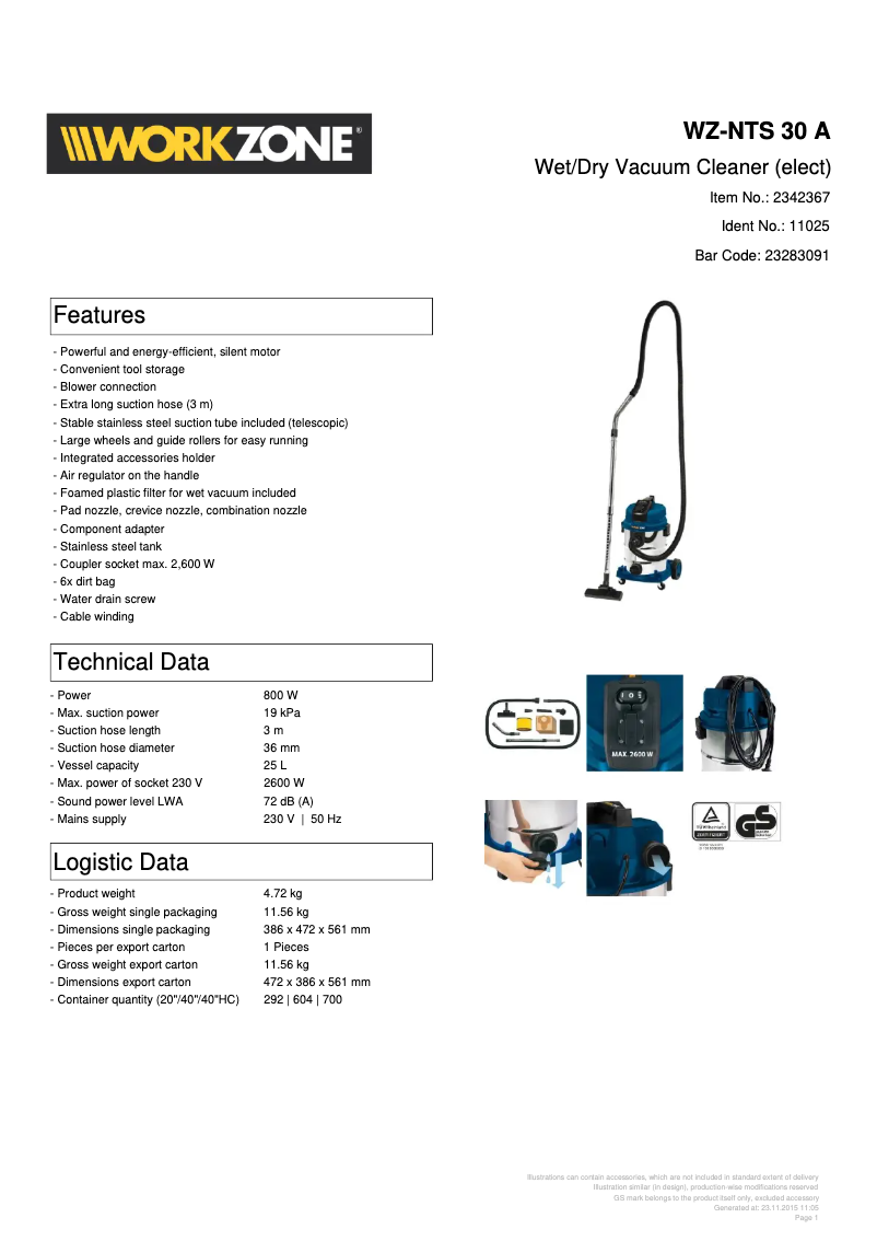Page 1 de la notice Manuel utilisateur Workzone WZ-NTS 30 A