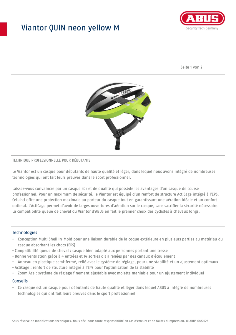 Página 1 del manual Ficha técnica Abus Viantor QUIN