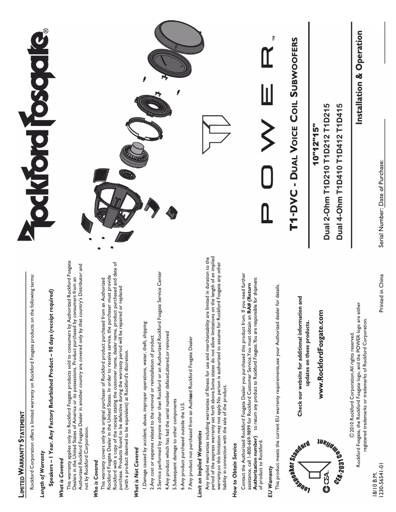 Page n°1 - Manuel d'utilisation et d'entretien Rockford Fosgate Power T1D212