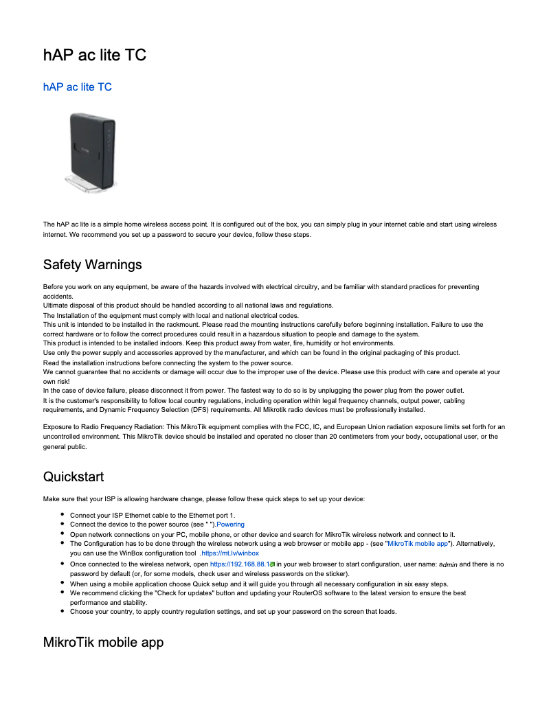 Page n°1 - Manuel utilisateur Mikrotik hAP ac lite TC