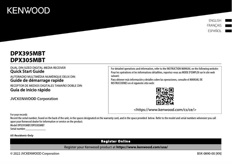 Page 1 de la notice Guide de démarrage rapide Kenwood DPX305MBT
