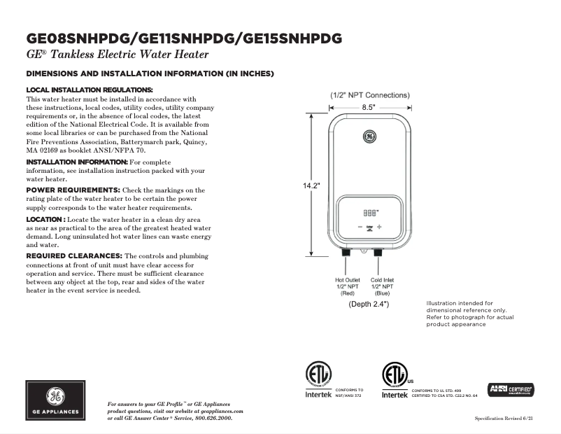Página 1 del manual Ficha técnica GE GE15SNHPDG