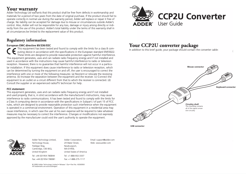 Page 1 de la notice Manuel utilisateur Adder CCP2U