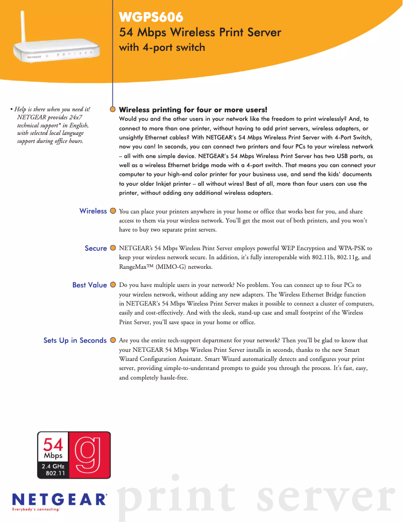 Page 1 de la notice Fiche technique Netgear WGPS606