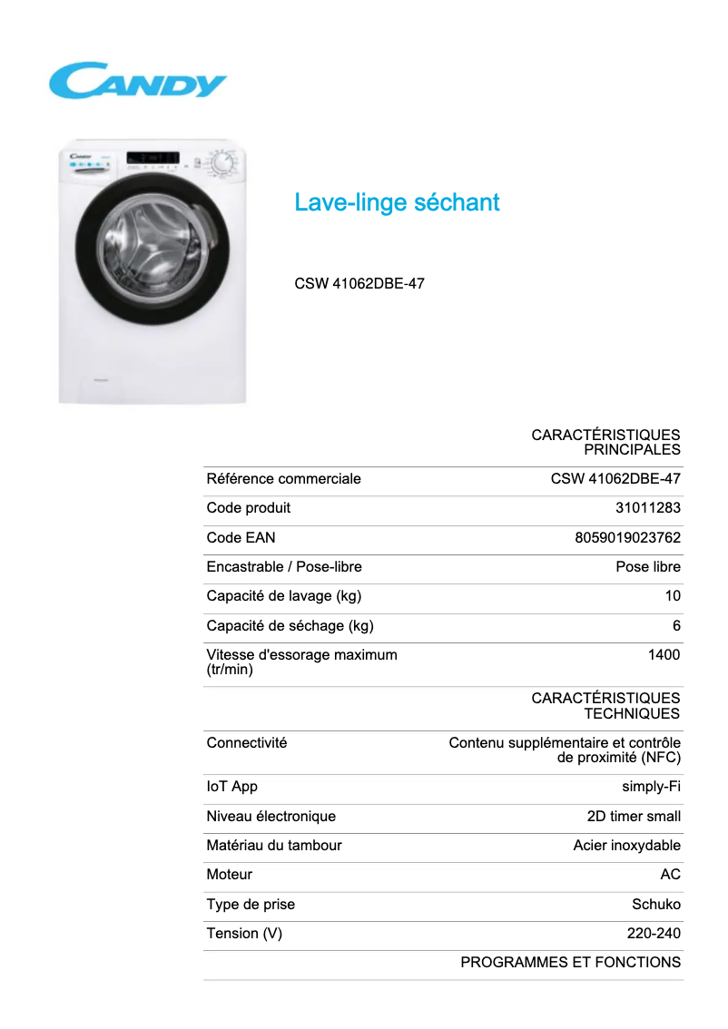 Page 1 de la notice Fiche technique Candy CSW 41062DBE-47