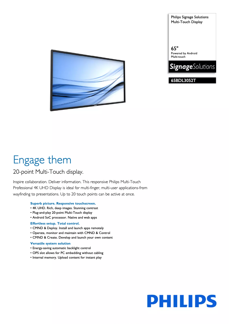 Page 1 de la notice Brochure Philips Signage Solutions 65BDL3052T