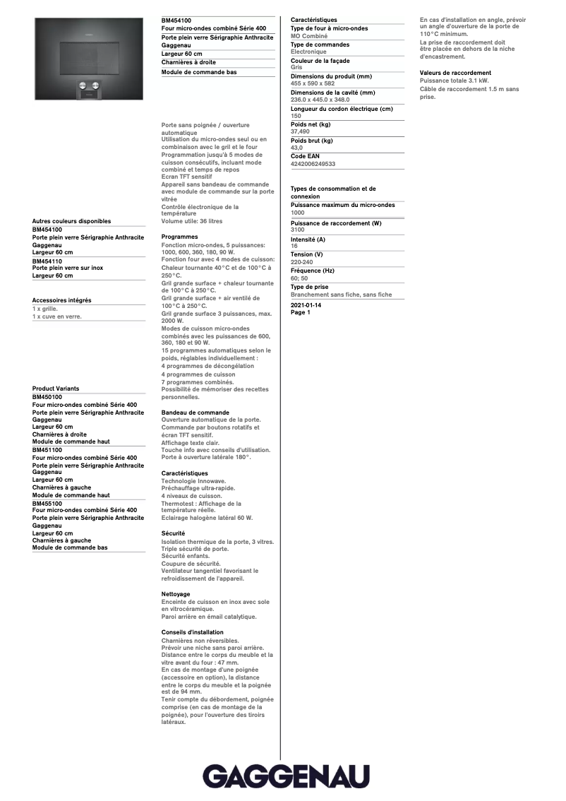 Página 1 del manual Ficha técnica Gaggenau BM454100