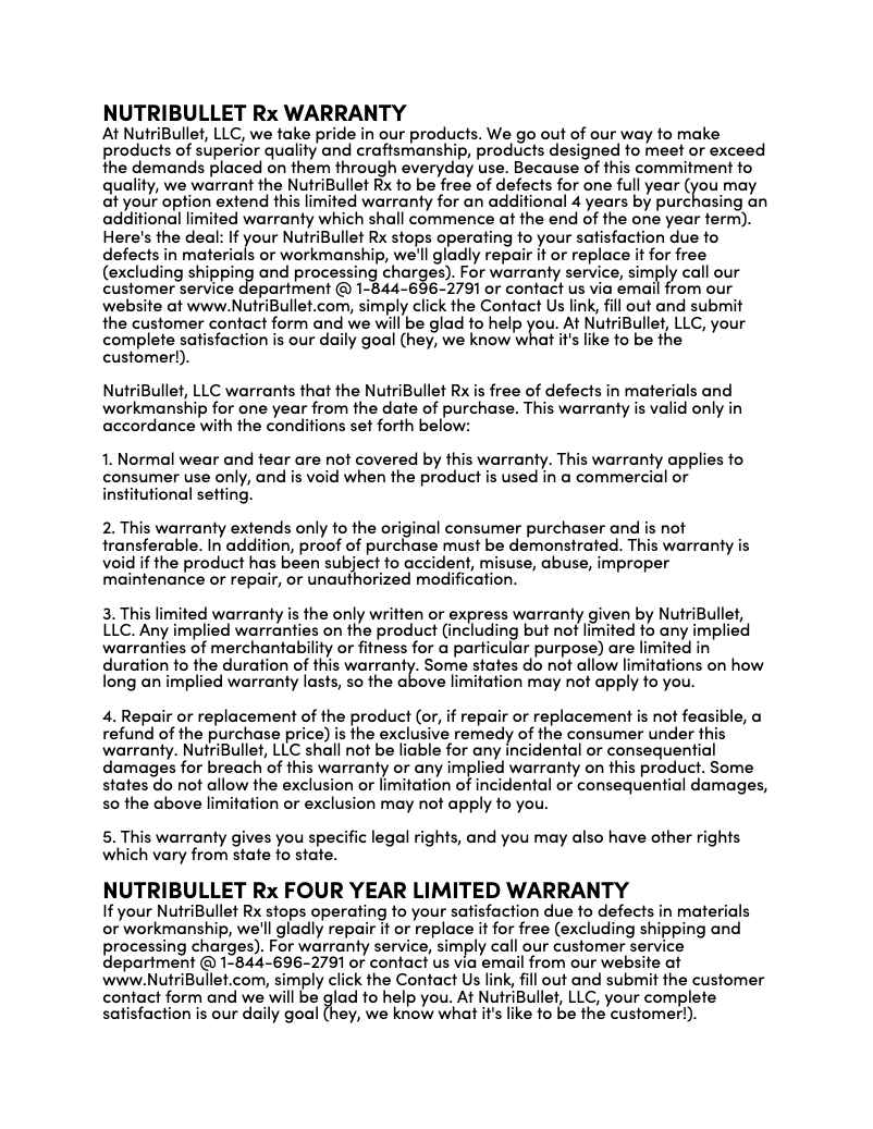 Page n°1 - Informations de garantie NutriBullet RX 1700