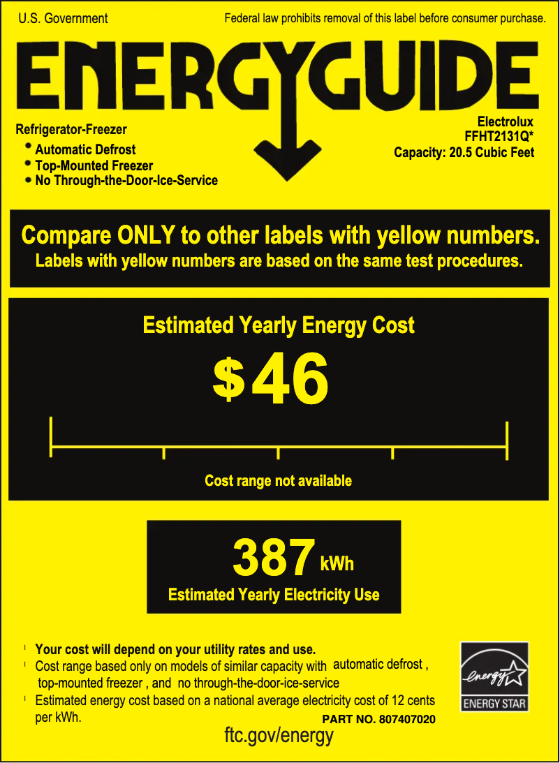Page 1 de la notice Label énergétique Frigidaire FFHT2131Q