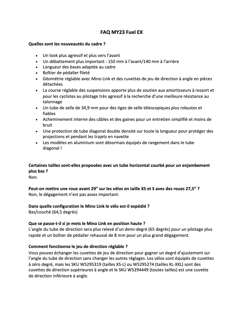 Page 1 de la notice FAQ Trek Fuel EX AL Gen 6