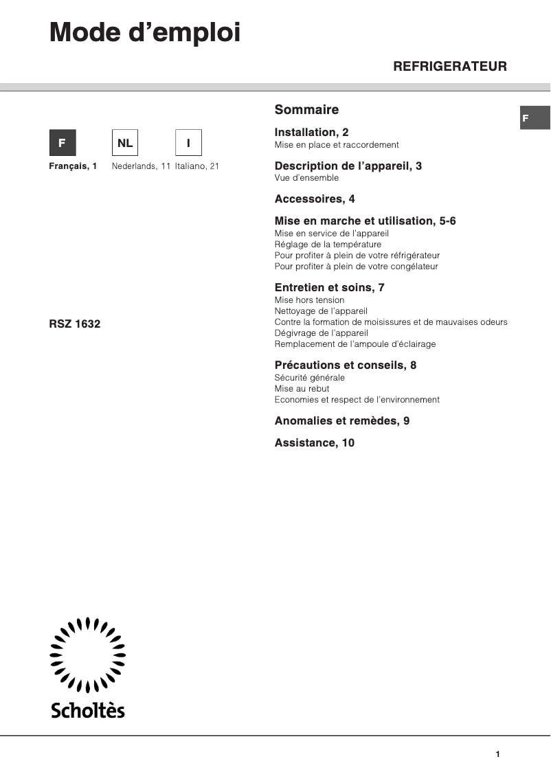 Page n°1 - Manuel utilisateur Scholtès RSZ 1632