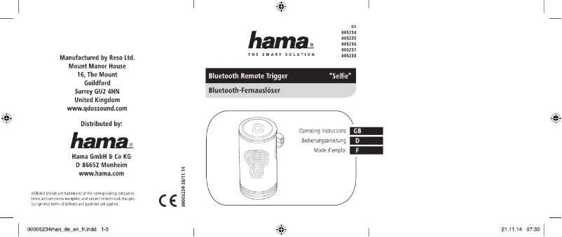 Page 1 de la notice Manuel utilisateur Hama Selfie 00005235