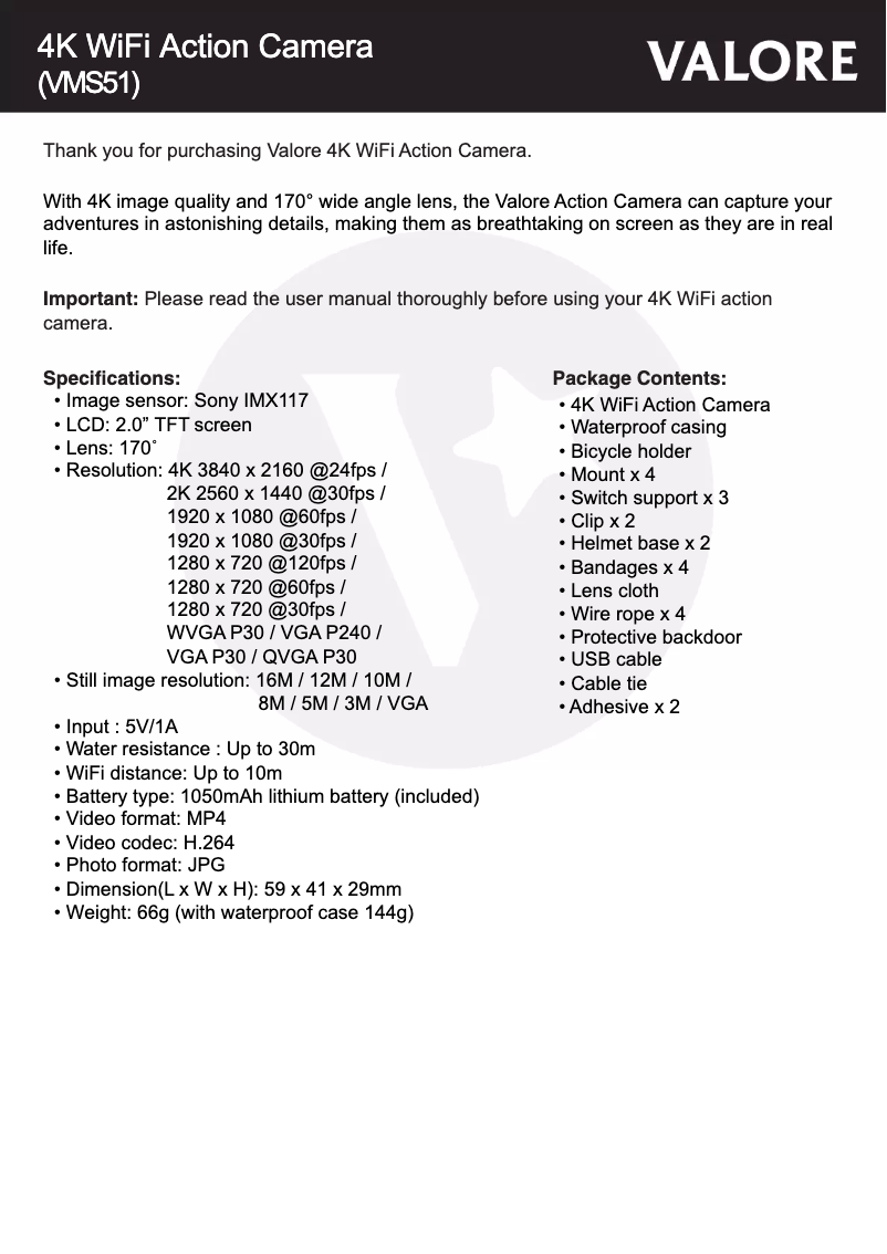 Page 1 de la notice Manuel utilisateur Valore VMS51
