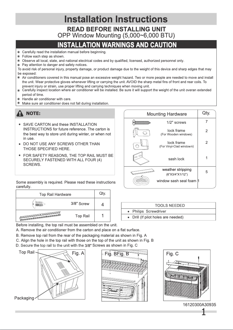 Page n°1 - Guide d'installation Frigidaire FHWC063TC1