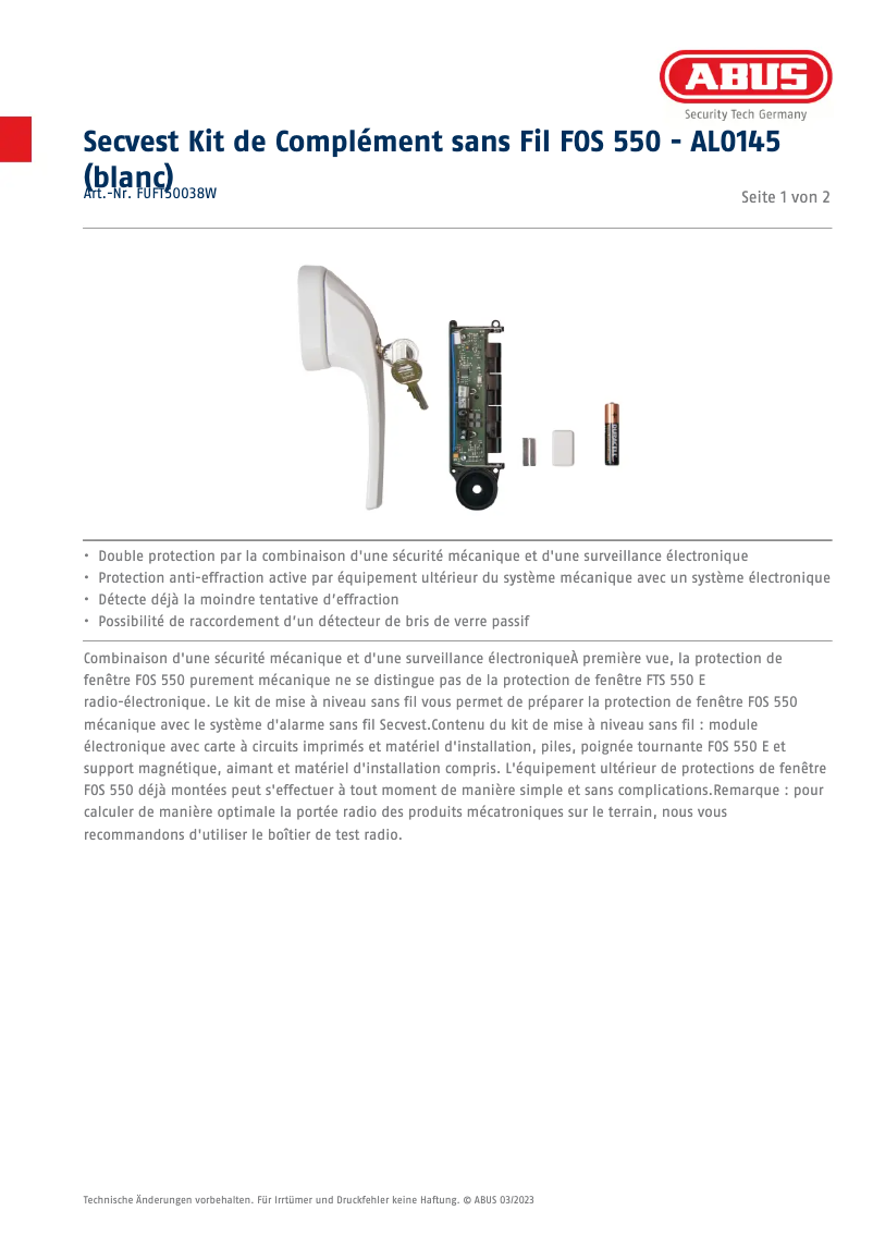 Page n°1 - Fiche technique Abus FUFT50038W