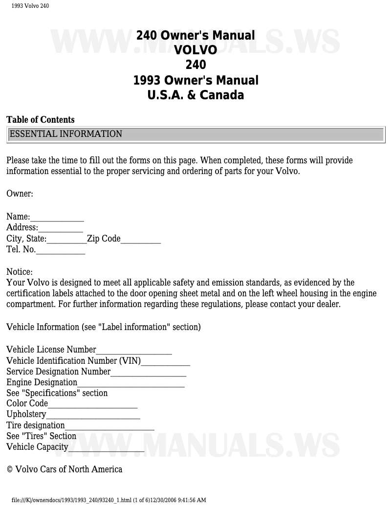 Page 1 de la notice Manuel utilisateur Volvo 240 (1993)