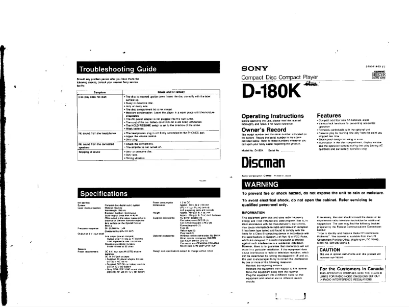 Page 1 de la notice Manuel utilisateur Sony Discman D-180K