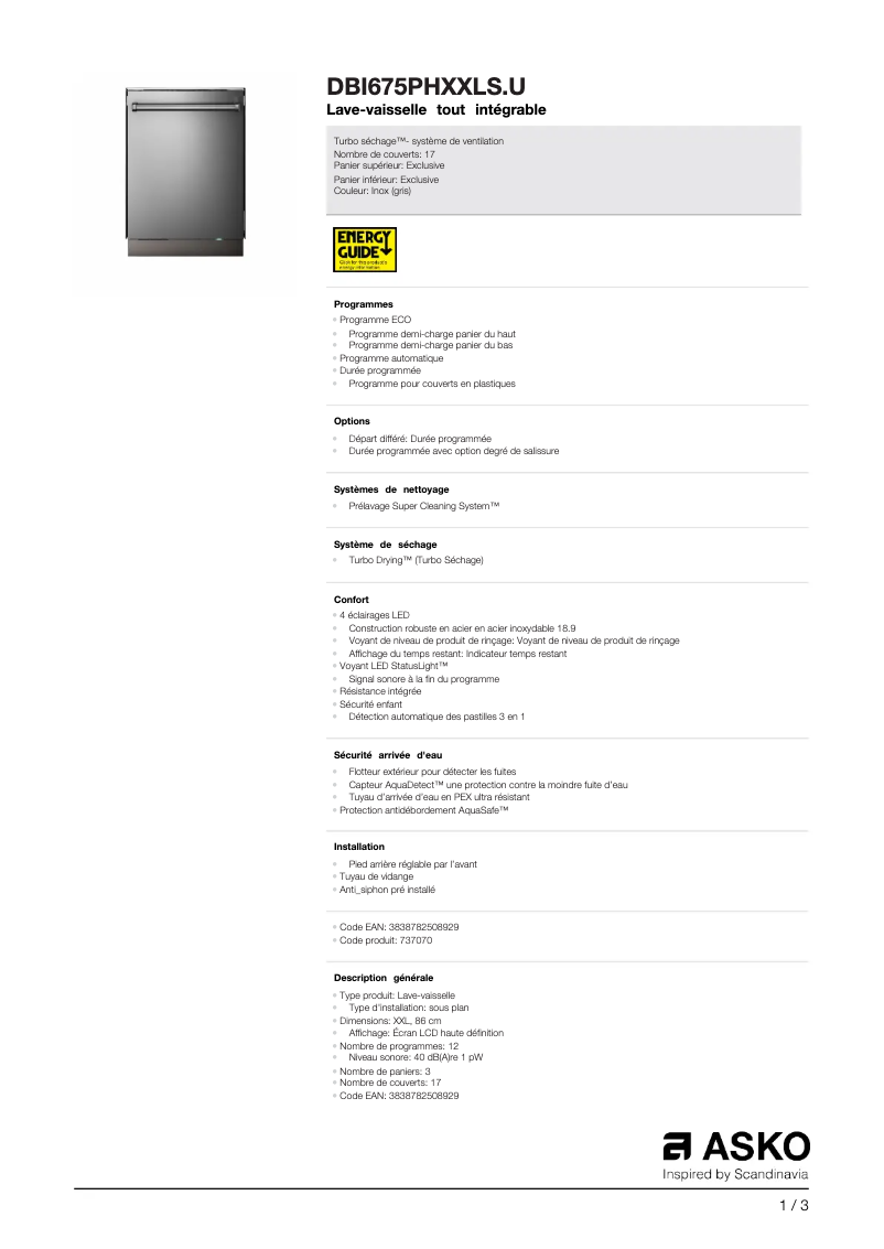 Página 1 del manual Ficha técnica Asko DBI675PHXXLS.U