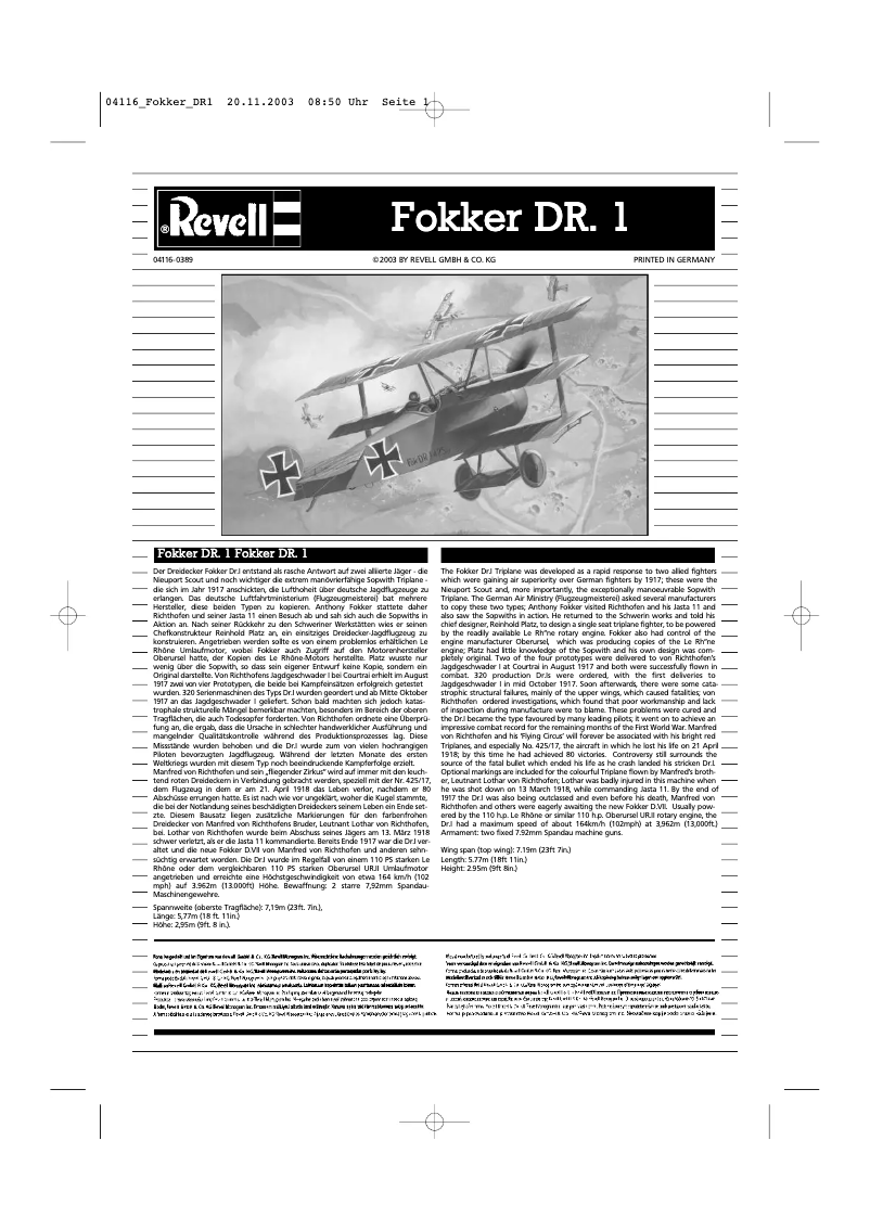 Page 1 de la notice Manuel utilisateur Revell Fokker DR.1 Triplane