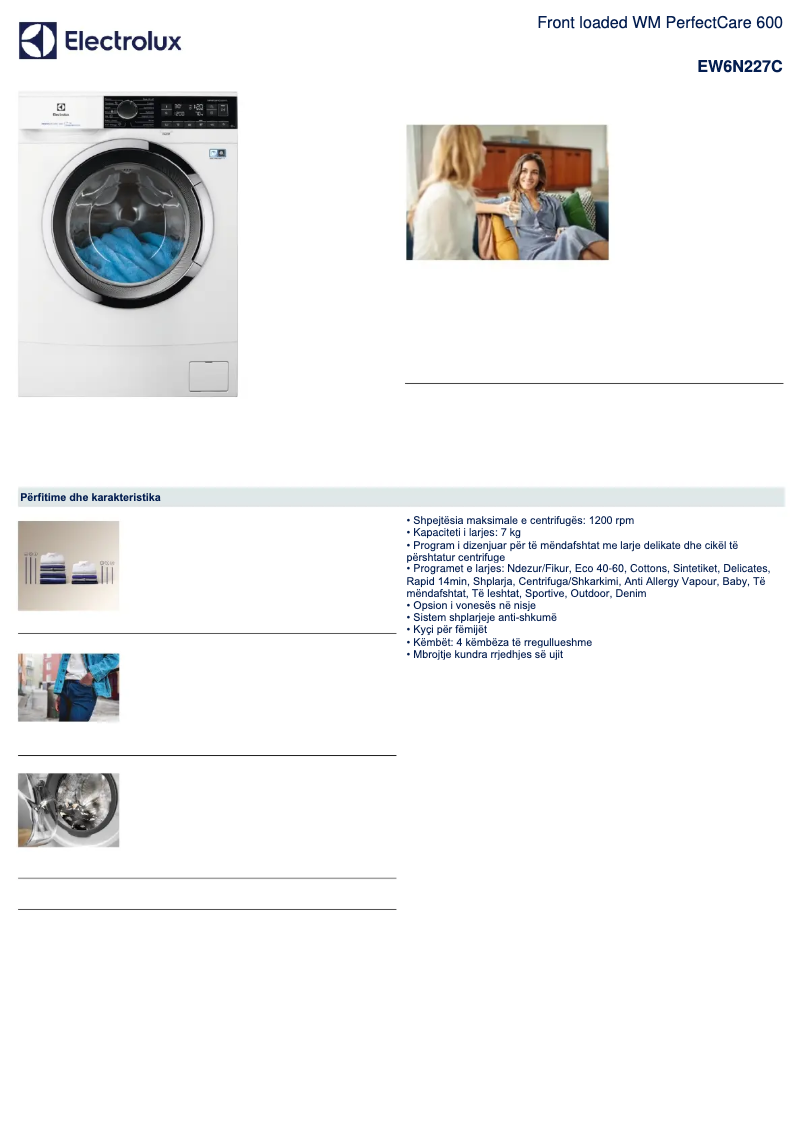 Page 1 de la notice Fiche technique Electrolux EW6N227C
