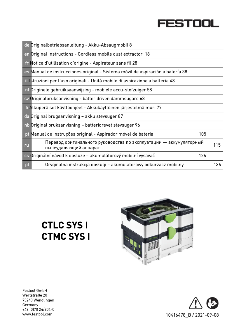 Page 1 de la notice Manuel utilisateur Festool Cleantec CTMC SYS