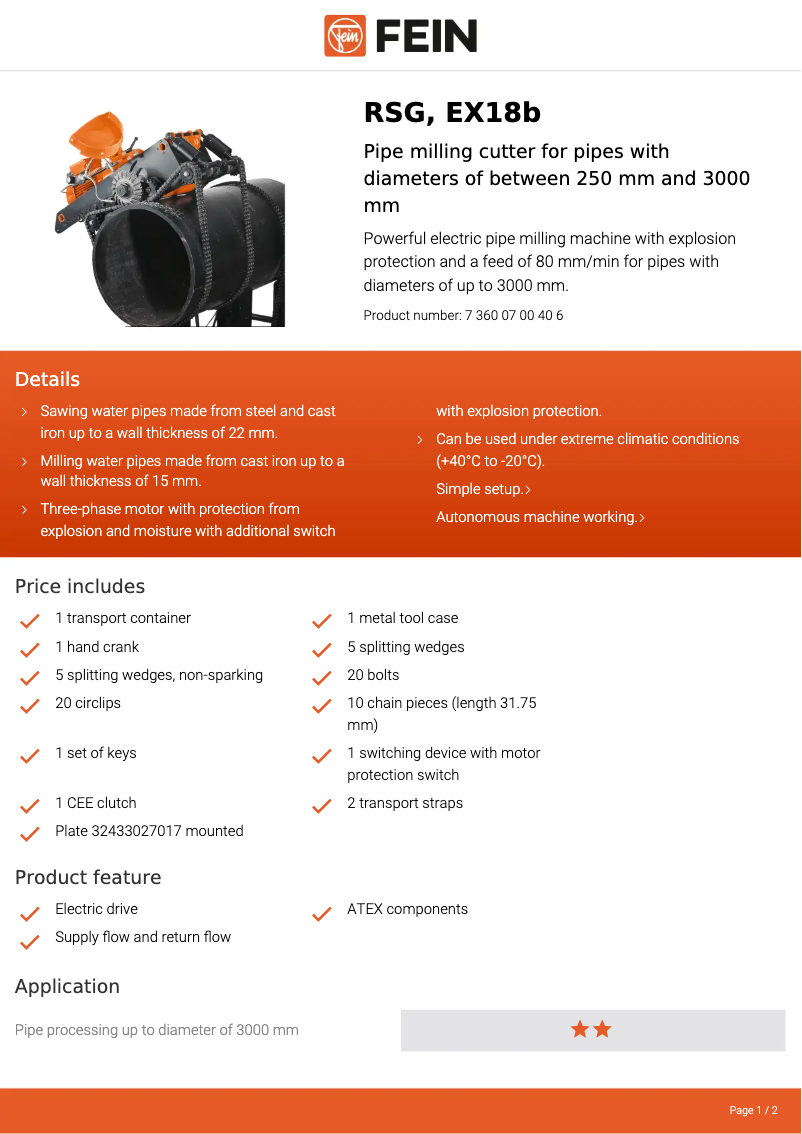 Página 1 del manual Ficha técnica Fein RSG EX18b