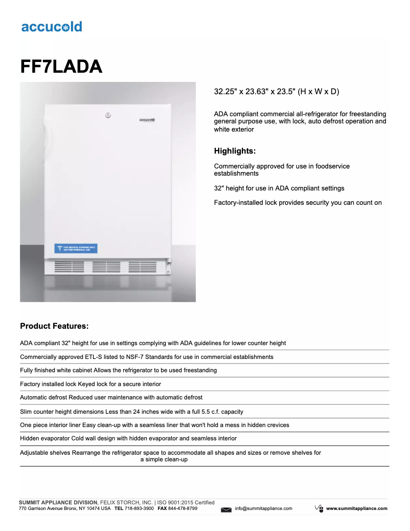 Page 1 de la notice Fiche technique Summit FF7LADA