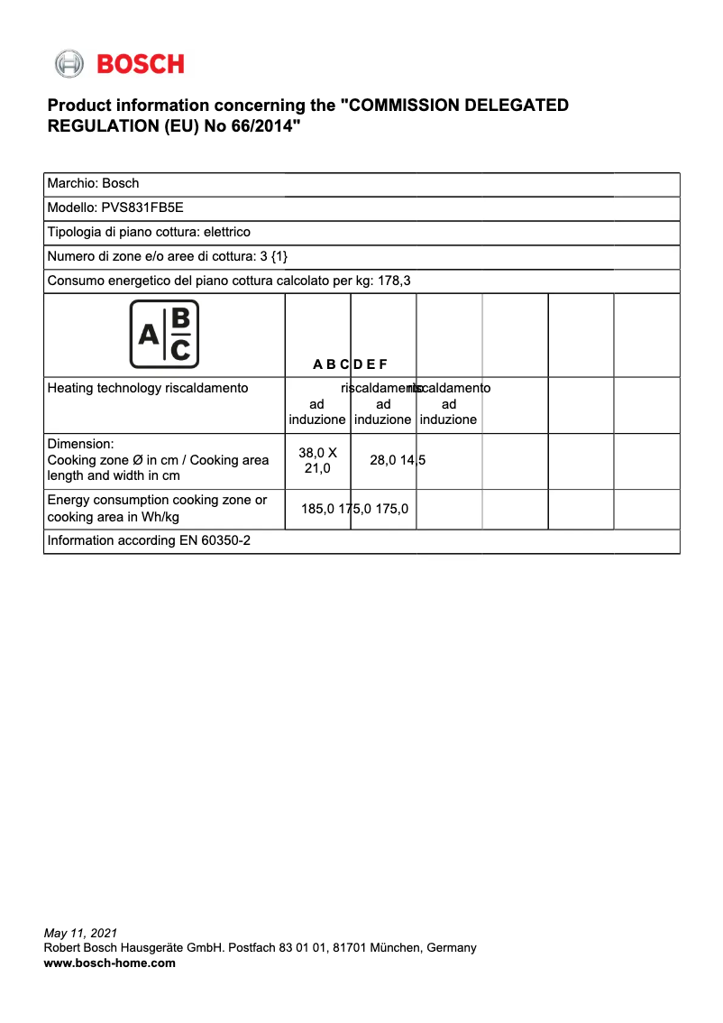 Page 1 de la notice Fiche technique Bosch PVS831FB5E