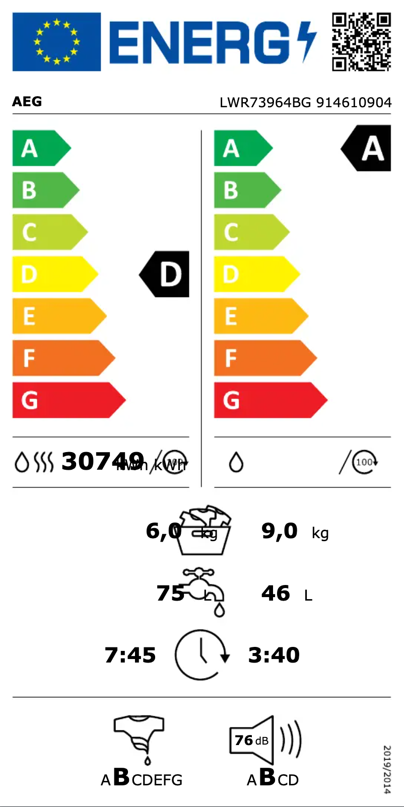 Página 1 del manual Etiqueta energética AEG LWR73964BG
