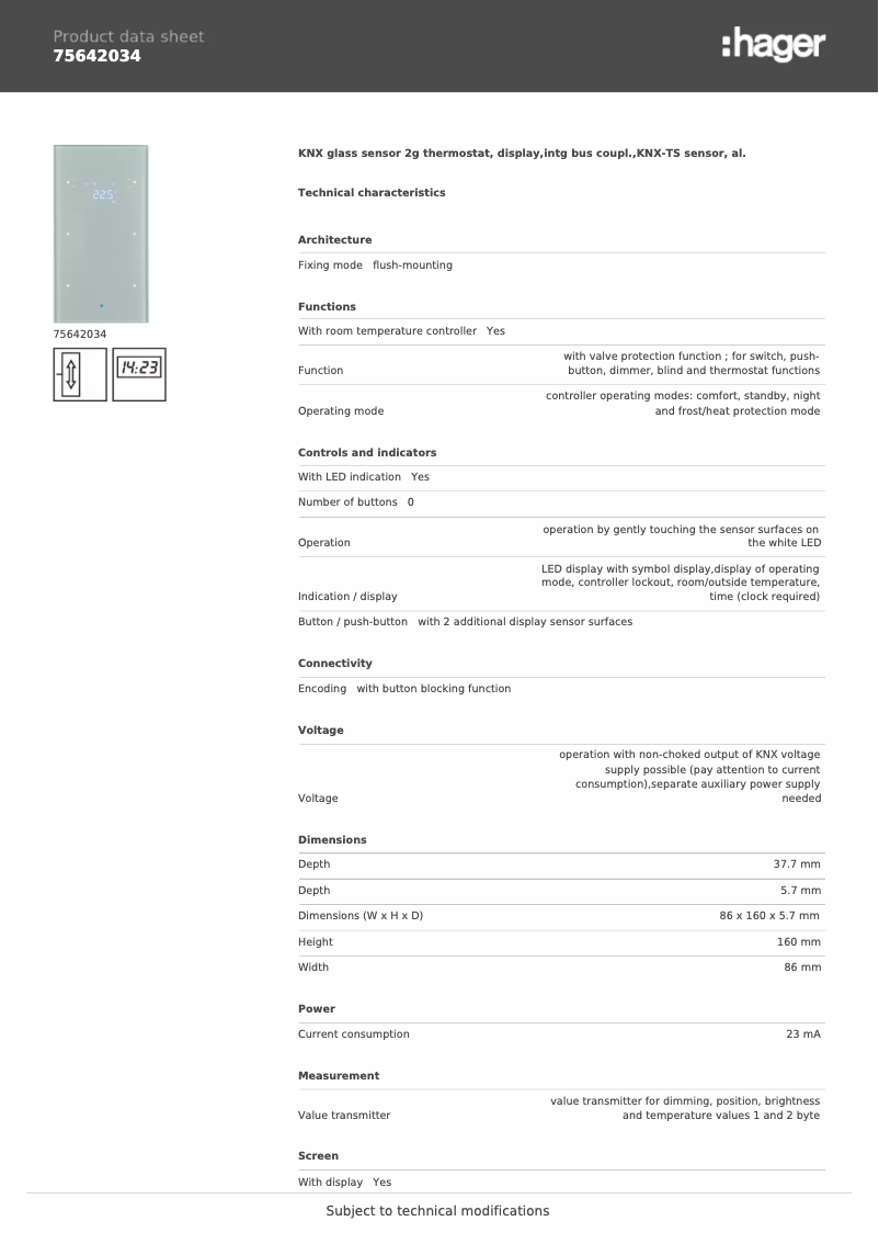 Page 1 de la notice Fiche technique Hager 75642034