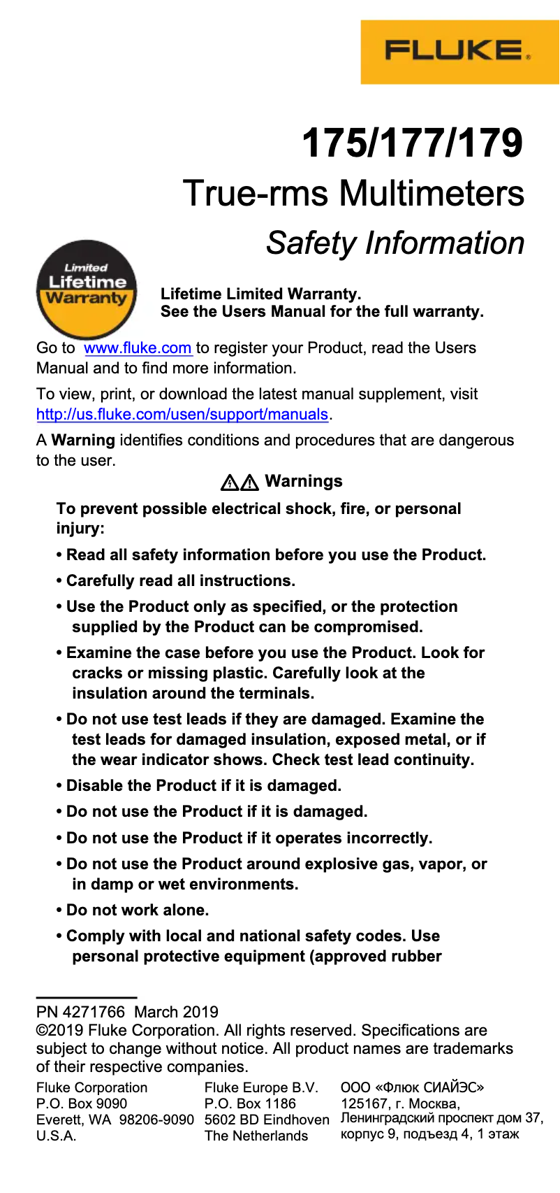 Page 1 de la notice Instructions de sécurité Fluke 179