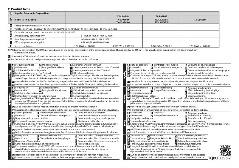Page 1 de la notice Fiche technique Panasonic Viera TX-L32E6B