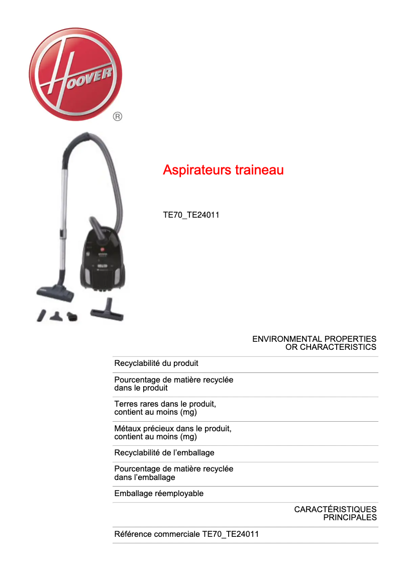 Page n°1 - Fiche technique Hoover TE70_TE24011