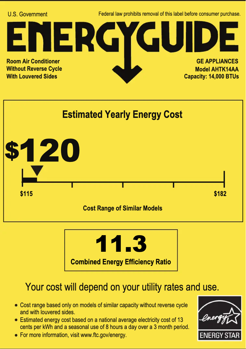 Page 1 of the manual Energy Label GE AHTK14AA
