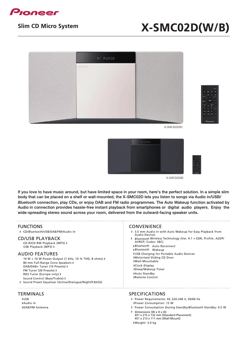 Page 1 de la notice Fiche technique Pioneer X-SMC02D