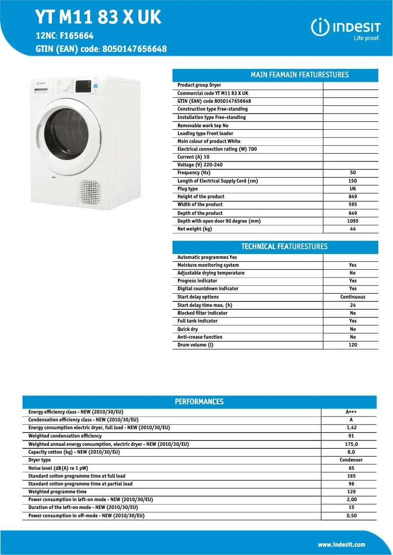 Page n°1 - Fiche technique Indesit YT M11 83 X UK