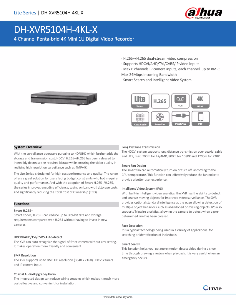 Page 1 de la notice Fiche technique Dahua Technology XVR5104H-4KL-X