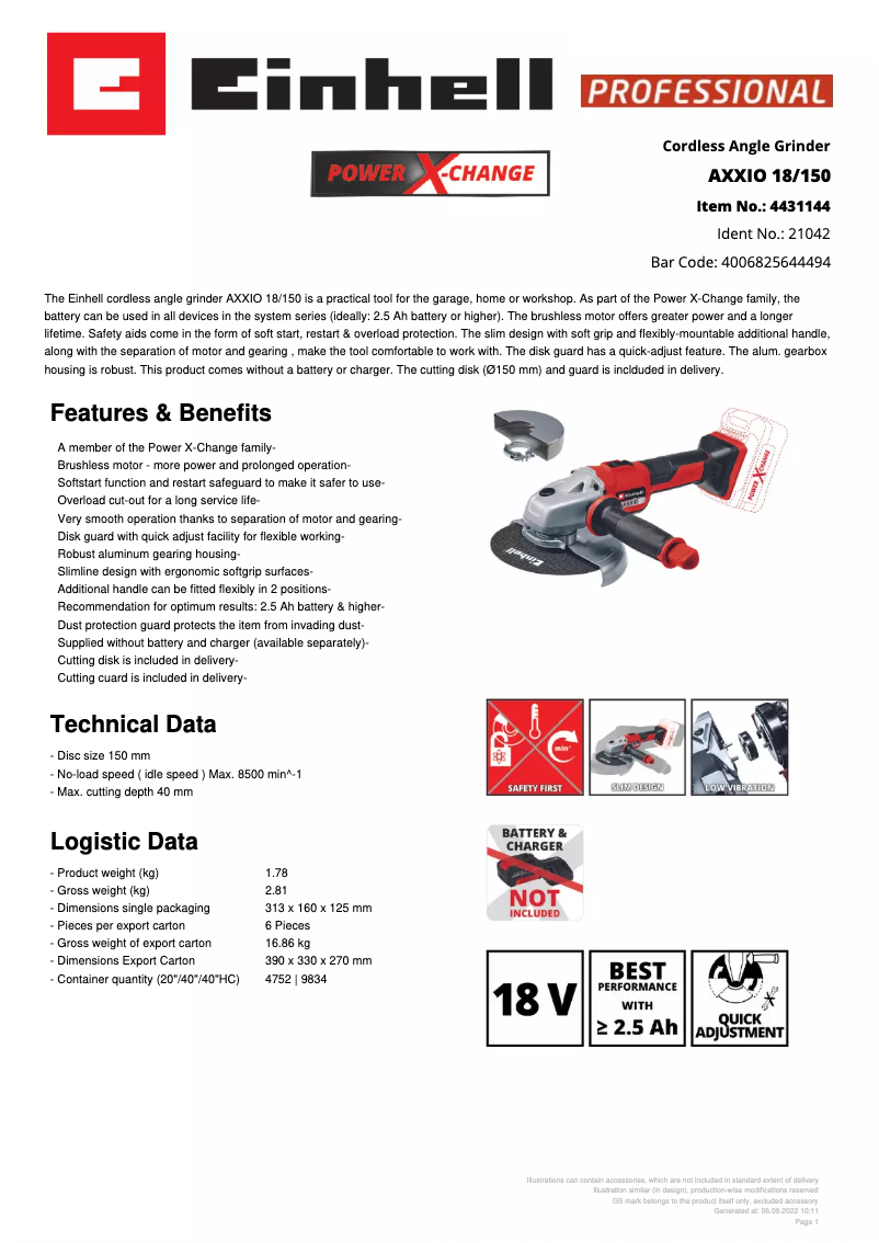 Page n°1 - Fiche technique Einhell AXXIO 18/150