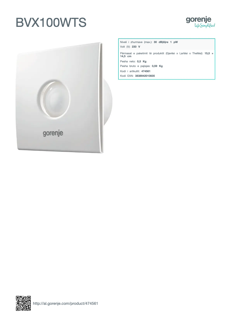 Page 1 de la notice Fiche technique Gorenje BVX100WTS