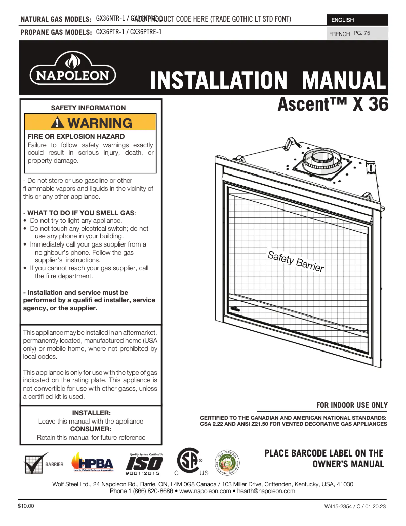 Página 1 del manual Manual de usuario Napoleon Ascent X 36