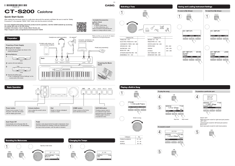 Page n°1 - Guide de démarrage rapide Casio Casiotone CT-S200