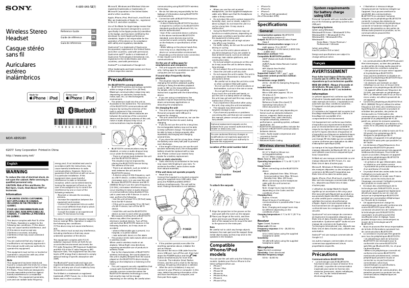 Image de la première page du manuel de l'appareil MDR-XB950B1