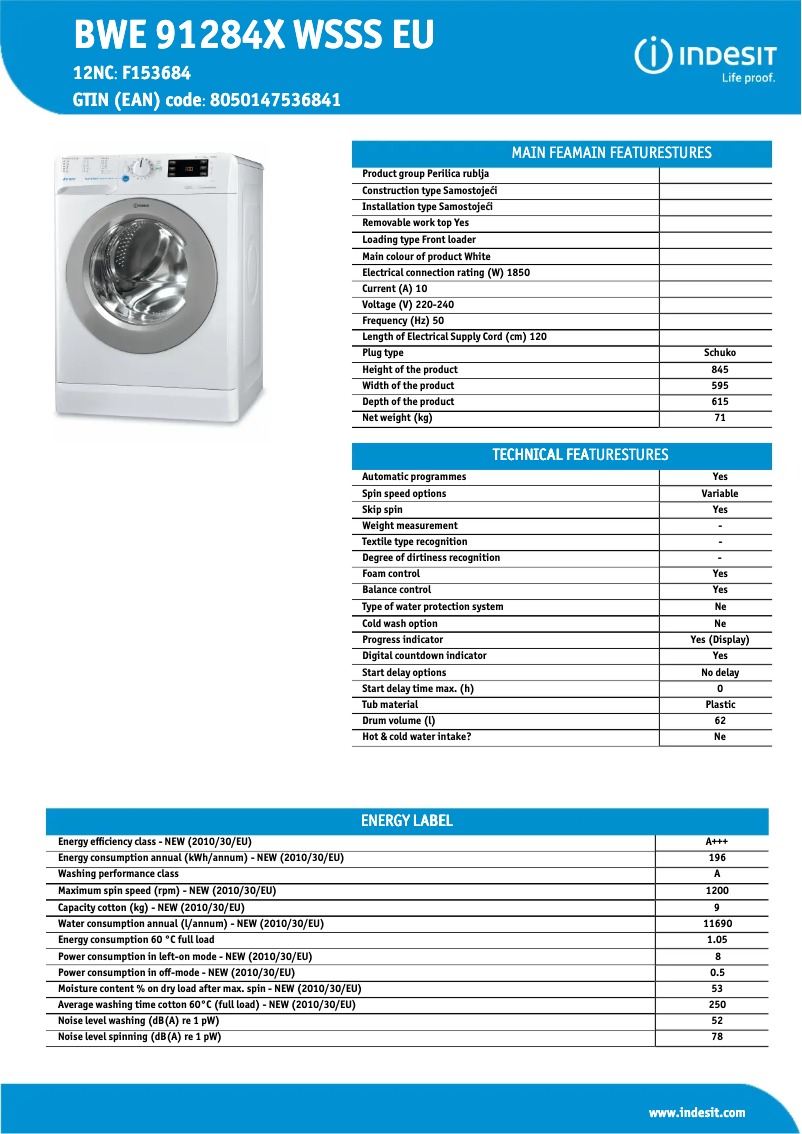 Page n°1 - Fiche technique Indesit BWE 91284X WSSS EU