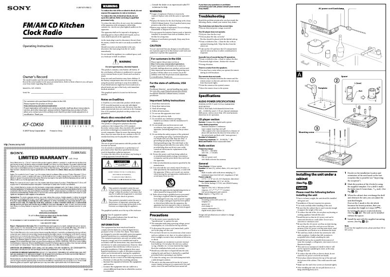 Page 1 de la notice Manuel utilisateur Sony ICF-CDK50