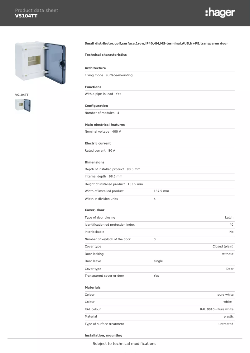 Image de la première page du manuel de l'appareil VS104TT