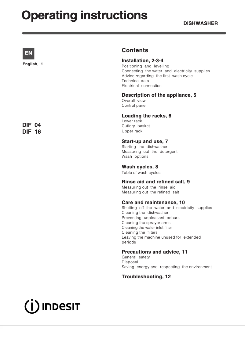 Page n°1 - Manuel utilisateur Indesit DIF 16