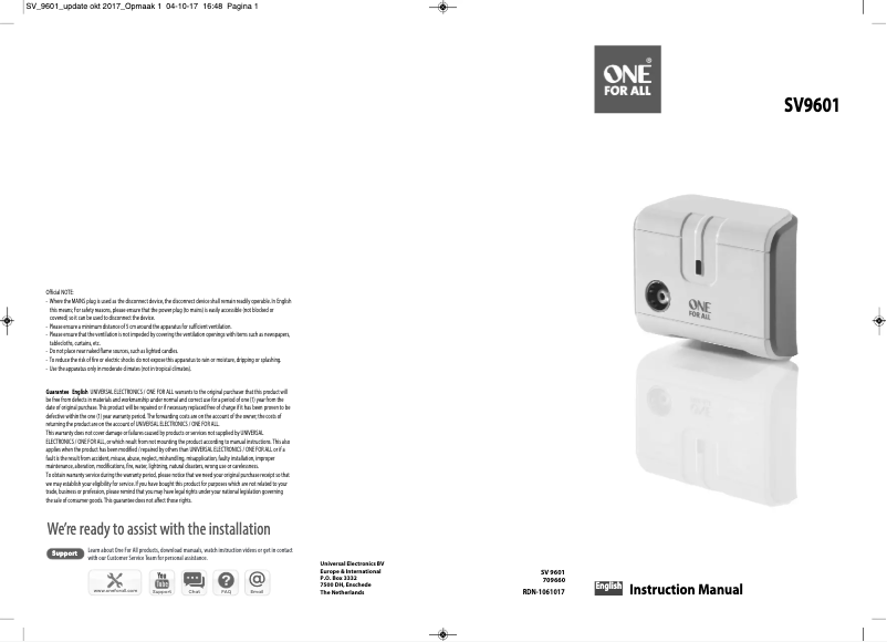 Page 1 de la notice Manuel utilisateur One for all SV 9601